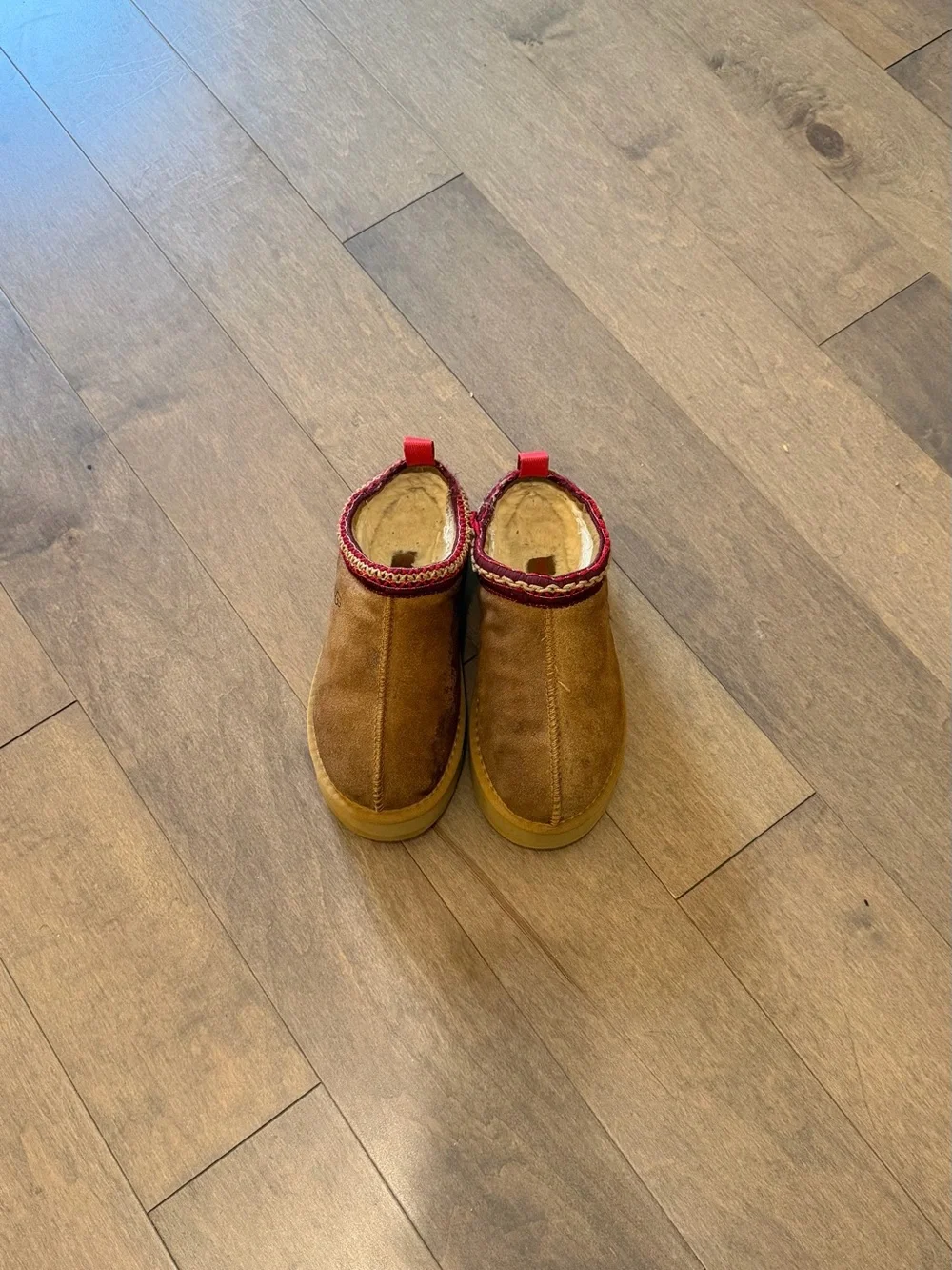 UGG Chestnut Suede Slip-On Mule with Red Trim
